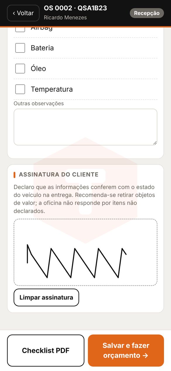 Tela de entrada do veículo com checklist e assinatura do cliente