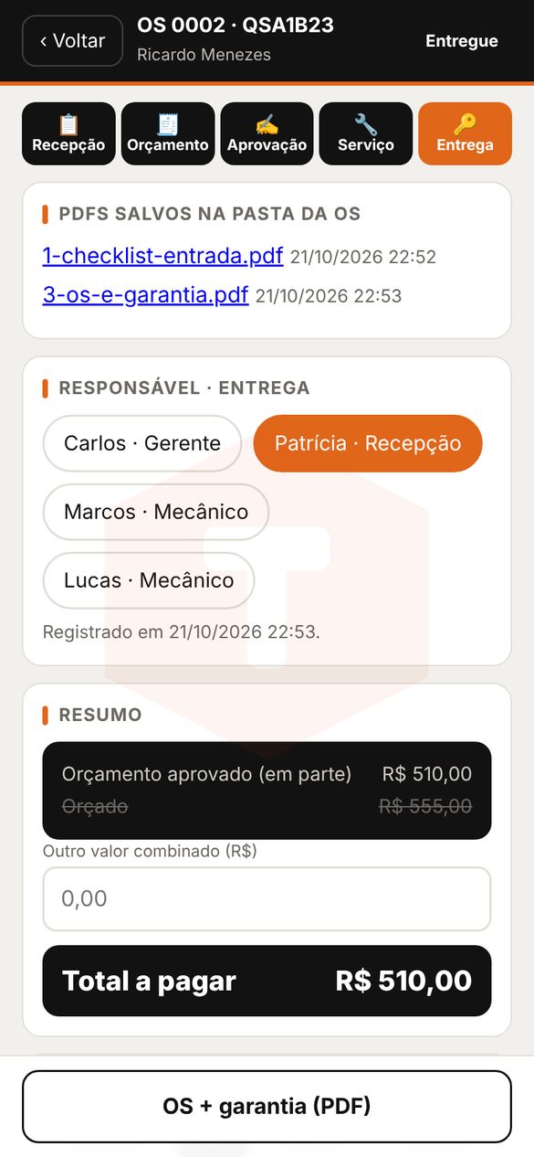 Tela de entrega com PDFs salvos e total a pagar