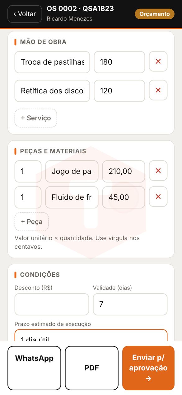 Tela de orçamento com mão de obra e peças